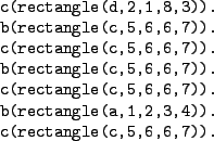 \begin{figure}\centering
\begin{verbatim}c(rectangle(d,2,1,8,3)).
b(rectangle(...
...
b(rectangle(a,1,2,3,4)).
c(rectangle(c,5,6,6,7)).\end{verbatim}\end{figure}