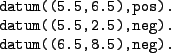 \begin{figure}\centering
\begin{verbatim}datum((5.5,6.5),pos).
datum((5.5,2.5),neg).
datum((6.5,8.5),neg).\end{verbatim}\end{figure}